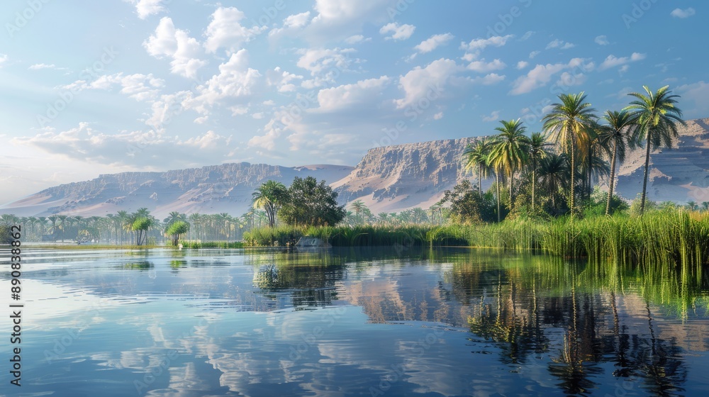 Nile River Egypt. Scenic Landscape with Mountains, Palm Trees, and Reflective Waters Nile River Egypt. Scenic Landscape with Mountains, Palm Trees, and Reflective Waters