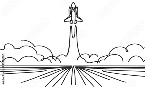 One continuous line drawing of spacecraft or spaceship takes off. Rocket space ship launch into universe concept.