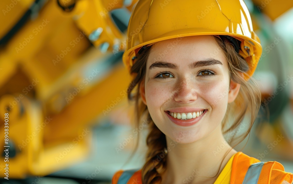A young woman wearing a yellow hard hat and safety vest smiles cheerfully at the camera A young woman wearing a yellow hard hat and safety vest smiles cheerfully at the camera