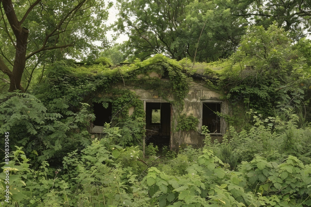 Overgrown Bushes. Fire Damaged Abandoned House with Trees and Shrubs Overgrown Bushes. Fire Damaged Abandoned House with Trees and Shrubs