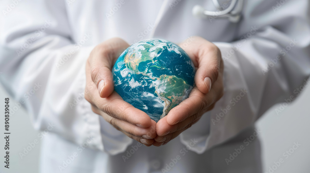 doctor's hands holding the blue earth in a heart shape, against a white background, doctor's hands holding the blue earth in a heart shape, against a white background,