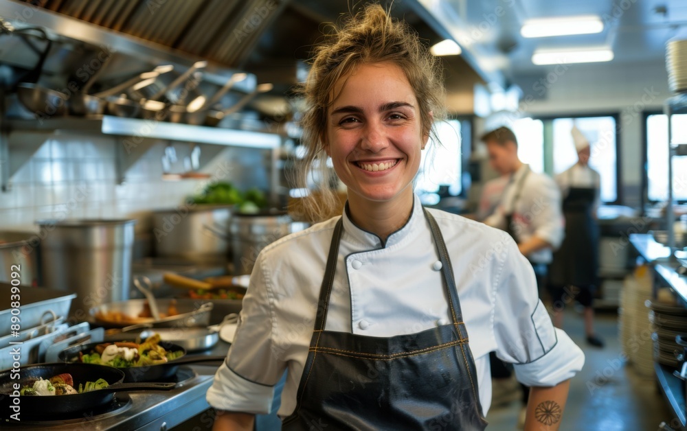 Εκτύπωση καμβά A female chef in a white chef's coat and black apron stands in her restaurant ki