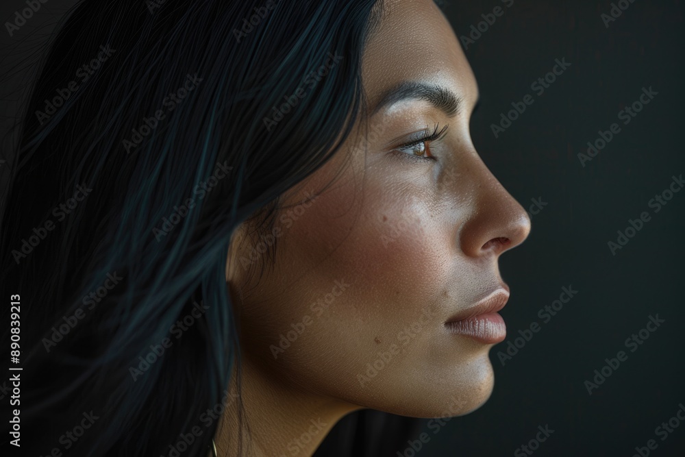 Serious Native American Woman. Side View Portrait of Latin Woman with Serious Expression Serious Native American Woman. Side View Portrait of Latin Woman with Serious Expression