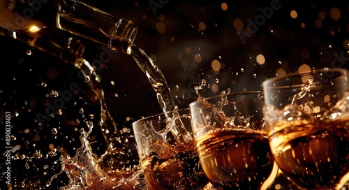 Whisky Pouring. Alcoholic Beverage Splashing from Bottle into Shot Glass at Brandy Party