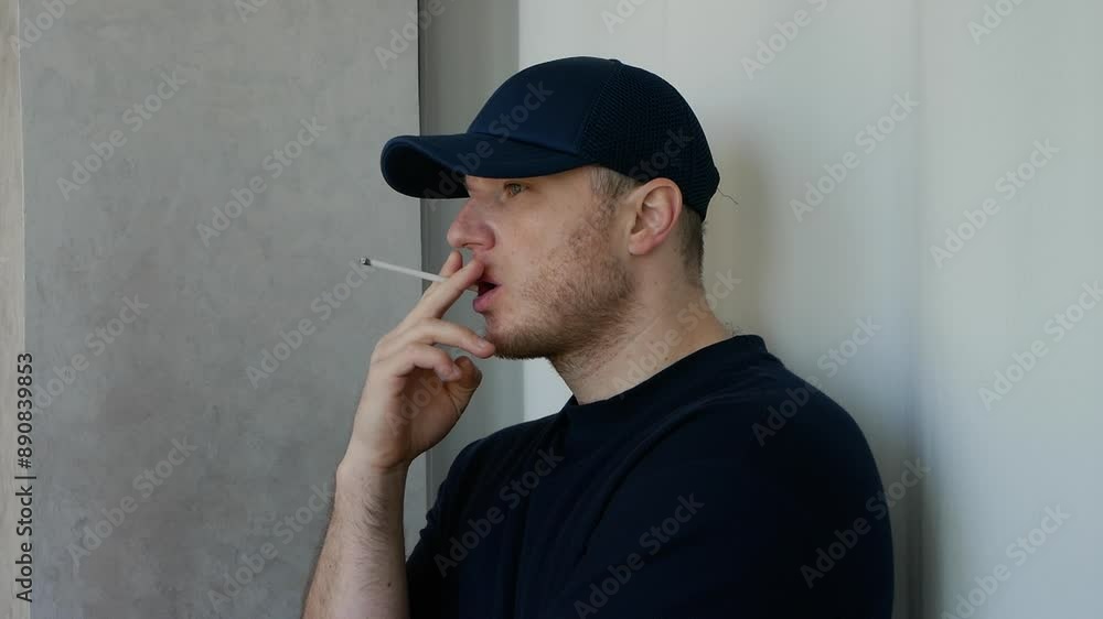A young man smokes a cigarette. Slow motion. Smoking tobacco in a bar near a white curtain. A young man smokes a cigarette. Slow motion. Smoking tobacco in a bar near a white curtain.
