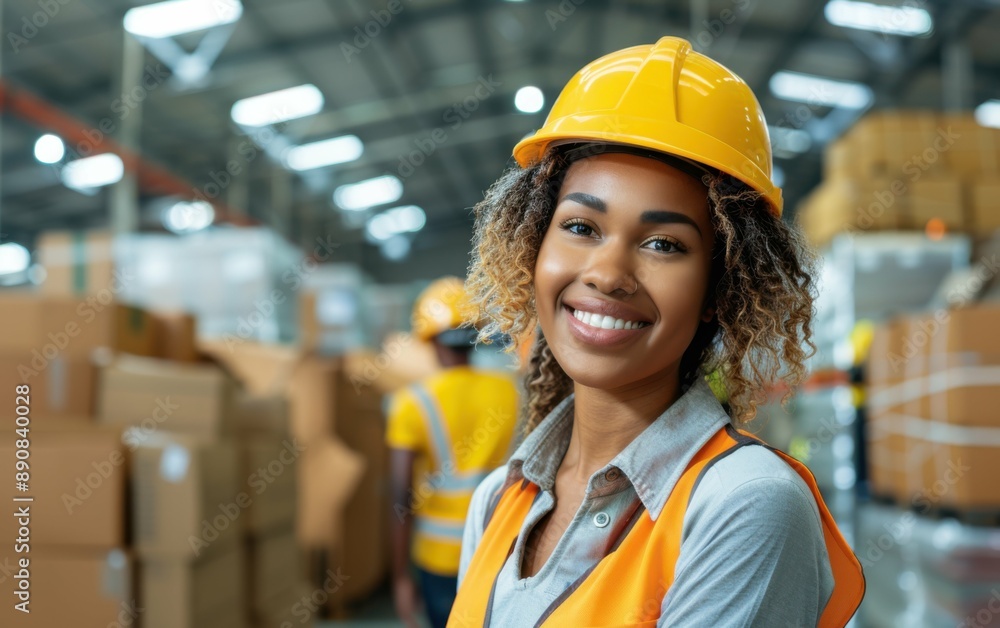A young woman wearing a hard hat and safety vest smiles while working in a busy warehouse A young woman wearing a hard hat and safety vest smiles while working in a busy warehouse