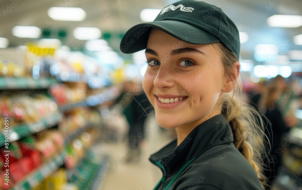 A young woman in a green hat and black shirt, with a bright smile, works in a supermarket. The shelves behind her are filled with products A young woman in a green hat and black shirt, with a bright smile, works in a supermarket. The shelves behind her are filled with products