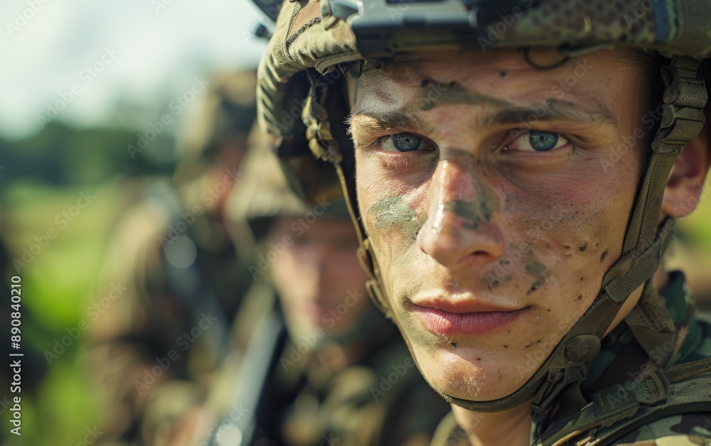 A young French soldier wearing camouflage paint on his face looks directly at the camera during a training exercise A young French soldier wearing camouflage paint on his face looks directly at the camera during a training exercise