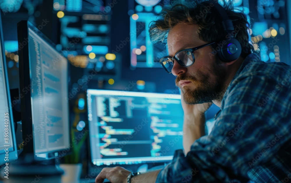 A software developer wearing headphones and glasses is focused on his work, late at night, in front of two computer screens displaying code A software developer wearing headphones and glasses is focused on his work, late at night, in front of two computer screens displaying code