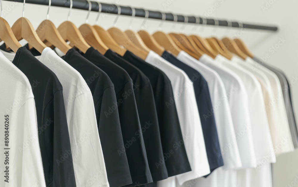 A row of black and white men's t-shirts hang on wooden hangers in a clothing store, showcasing a classic and versatile style A row of black and white men's t-shirts hang on wooden hangers in a clothing store, showcasing a classic and versatile style