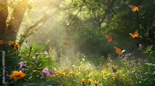 Butterflies Flying Through A Sunny Forest Meadow