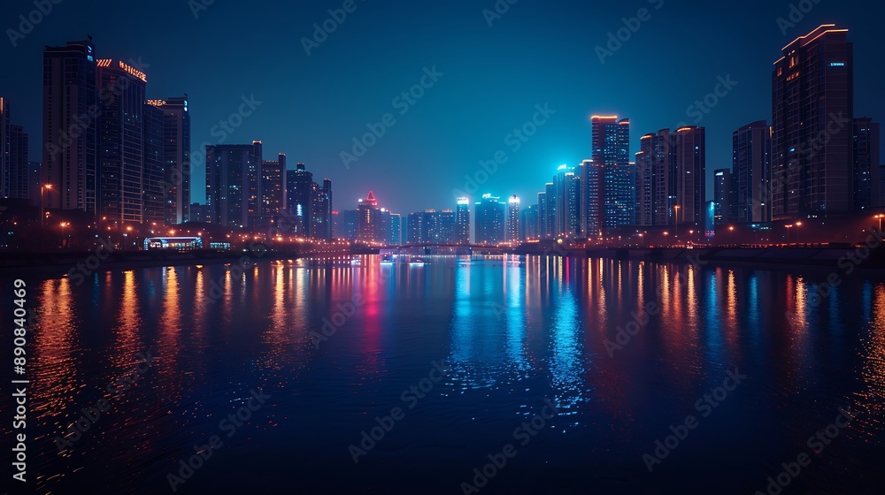 Fototapeta premium City lights starting to turn on, reflecting in the river water