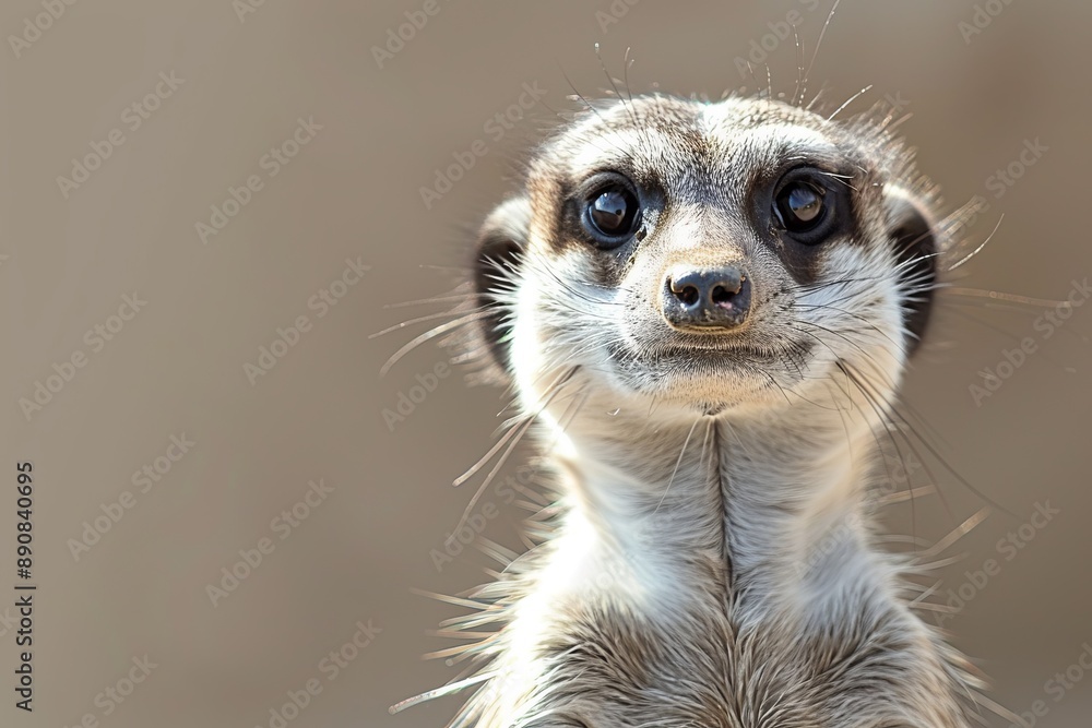 Fototapeta premium A meerkat looking directly at the camera, with a shallow depth of field highlighting its facial features.