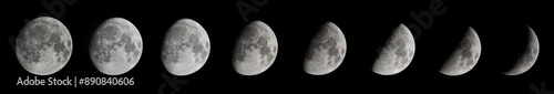 Set picture of moon phases in dark, waxing and waning crescent in period of 24 hours