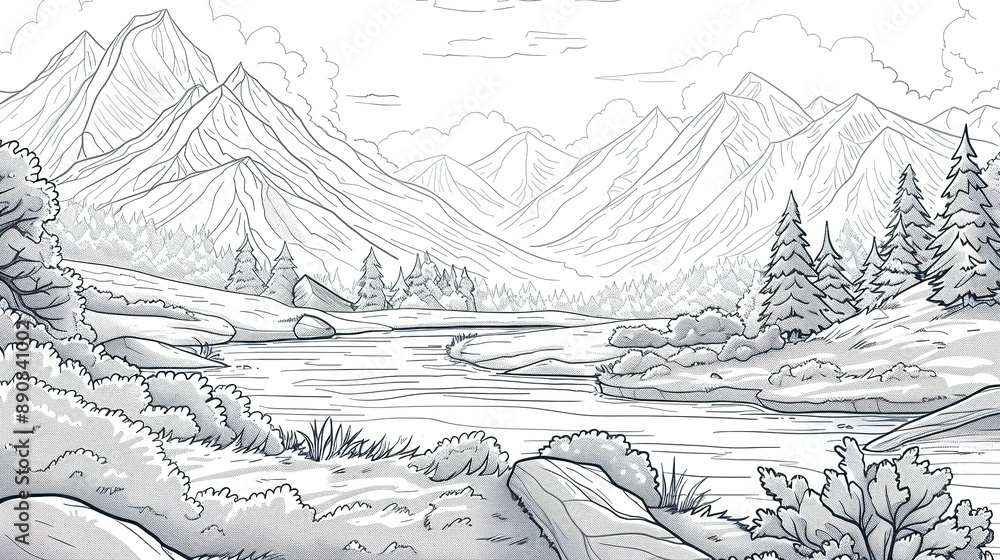 Fototapeta premium Line Drawing of a Mountain Range and River Scene