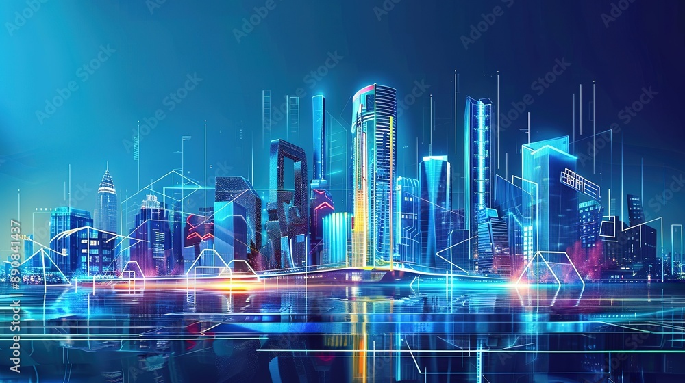 Fototapeta premium Futuristic Cityscape With Digital Lights and Reflections
