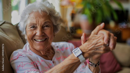 Elderly woman smiling and wearing a smartwatch