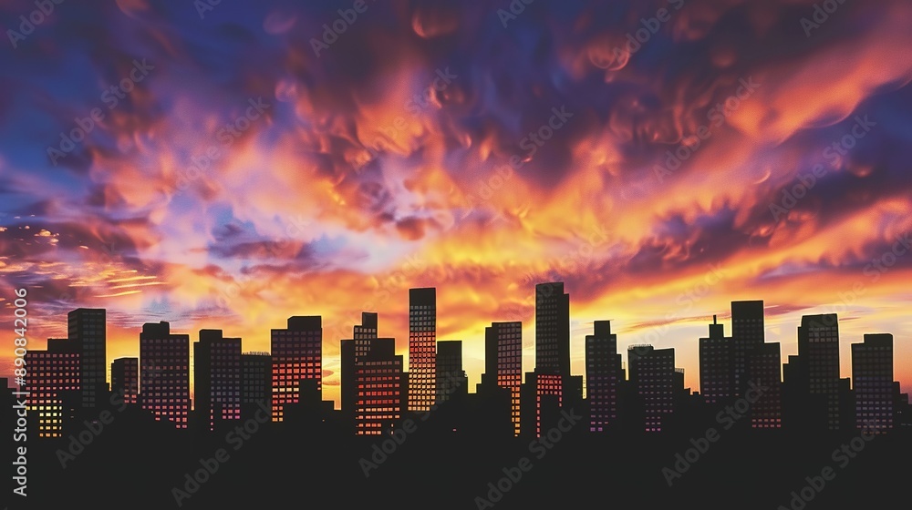 Fototapeta premium City Skyline Silhouetted Against Dramatic Sunset Clouds