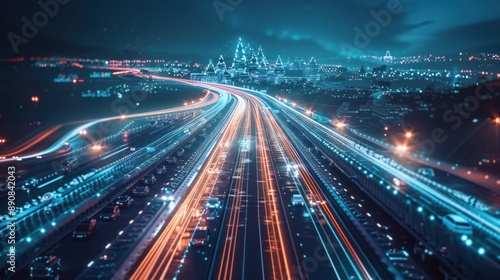 Night Cityscape with Illuminated Highway