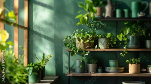 This image depicts lush green indoor plants on stylish shelves, bathed in sunlight, highlighting modern home decor vibes. photo