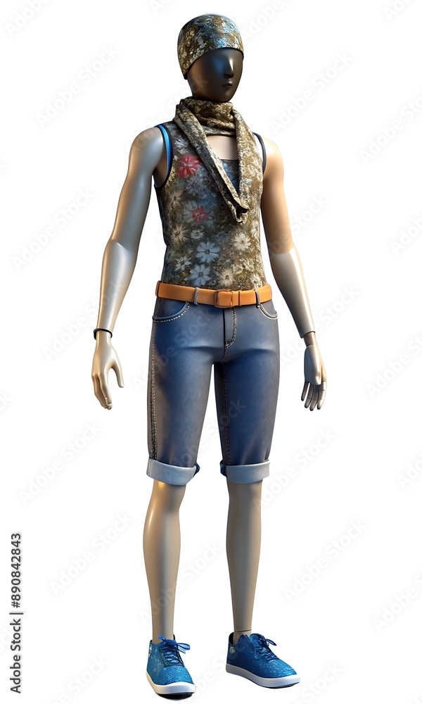 Mannequin in printed tank, denim shorts, sneakers, bandana, bag Mannequin in printed tank, denim shorts, sneakers, bandana, bag