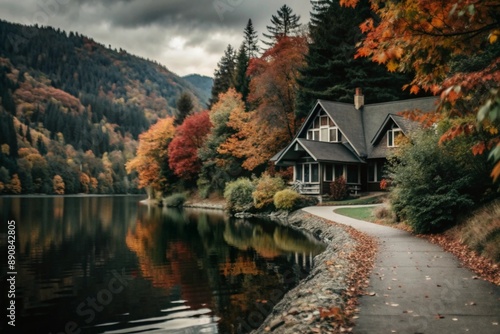 Autumn landscape. A small cozy house on the shore of the lake. The trees are painted in bright autumn colors. An atmosphere of peace and harmony with nature.