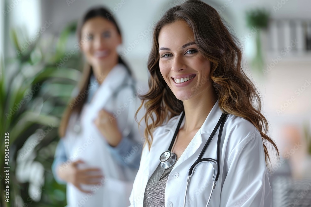 Happy pregnant woman has appointment with doctor at clinic. Female ...