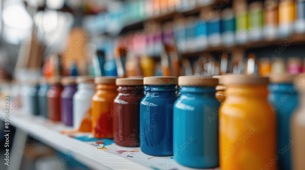 A collection of colorful paint jars is neatly arranged on a rack in an artist's studio, showcasing a spectrum of hues and implying creativity, inspiration, and artistic work. A collection of colorful paint jars is neatly arranged on a rack in an artist's studio, showcasing a spectrum of hues and implying creativity, inspiration, and artistic work.