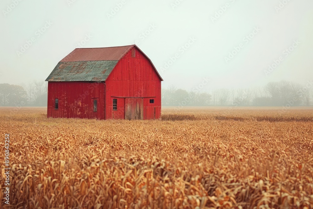 A lone red barn stands in a field of golden wheat, shrouded in a light mist. A lone red barn stands in a field of golden wheat, shrouded in a light mist.