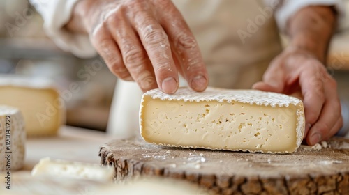 Artisan carefully handling a block of soft cheese with a crumbly texture on a rustic wooden surface, showcasing the artisanal cheese-making process. photo