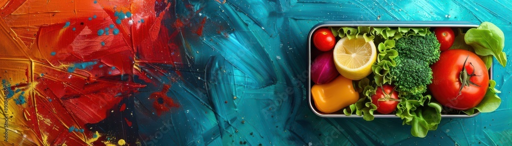 A vibrant display of fresh vegetables, including a lemon, tomatoes, bell pepper, broccoli, and leafy greens, arranged in a container against a colorful, abstract background. A vibrant display of fresh vegetables, including a lemon, tomatoes, bell pepper, broccoli, and leafy greens, arranged in a container against a colorful, abstract background.