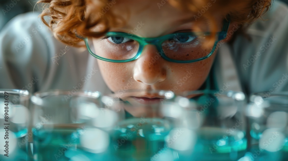 A scientist with curly hair leans over a lab bench filled with various glass containers containing blue liquid solution, engaged in laboratory research or experimentation. A scientist with curly hair leans over a lab bench filled with various glass containers containing blue liquid solution, engaged in laboratory research or experimentation.