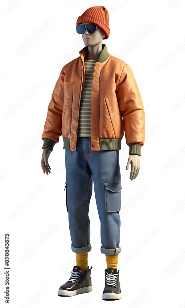 Full mannequin in graphic tee, bomber jacket, ripped denim, sneakers, beanie, shades Full mannequin in graphic tee, bomber jacket, ripped denim, sneakers, beanie, shades