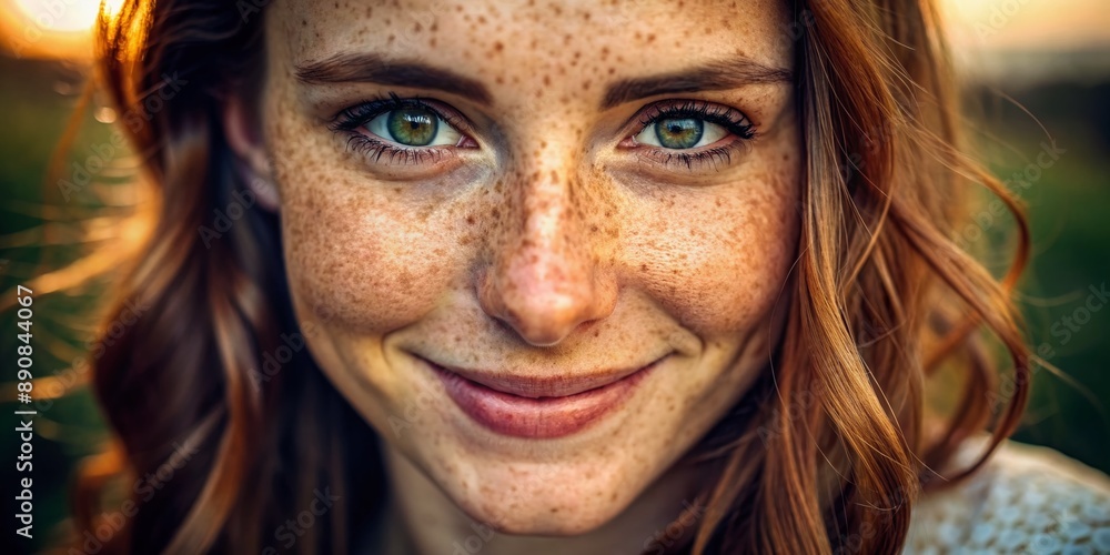 Natural beauty showcased in a close-up portrait of a woman with striking freckles, genuine smile, and piercing eyes gazing directly into the lens. Natural beauty showcased in a close-up portrait of a woman with striking freckles, genuine smile, and piercing eyes gazing directly into the lens.