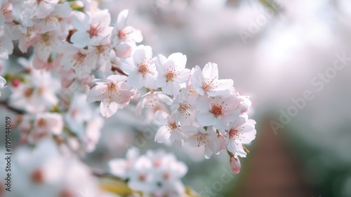 This image captures cherry blossoms in full bloom, highlighting the delicate pink and white flowers against a tranquil, blurred background. The scene exudes calm and natural beauty.