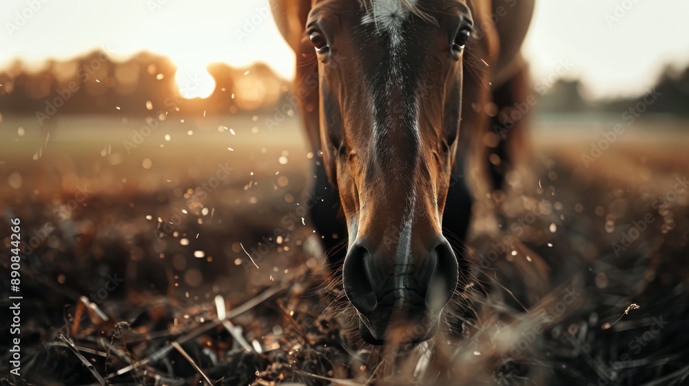 Obraz premium A striking close-up photograph of a horse with fine details of its face and mane, captured during sunrise or sunset, highlighting the beauty of the animal in a natural setting.