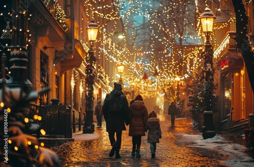 Family Walking Through Snowy European Christmas Market at Night