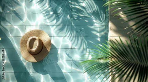 Overhead View of Tiled Swimming Pool With Palm Tree Shadows and Sun Hat