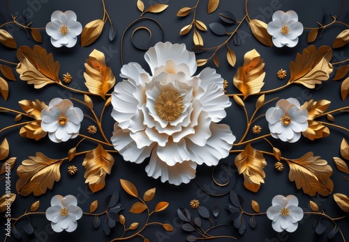 White Paper Flowers With Golden Leaves on a Black Background