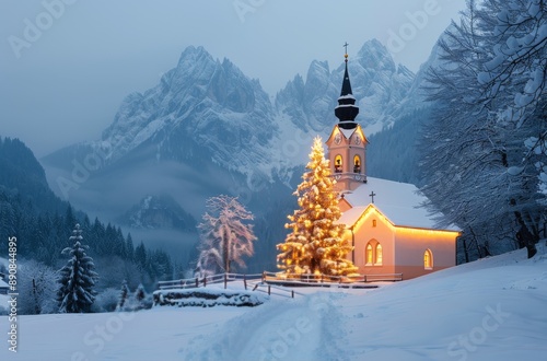 Snowy Mountain Chapel Decorated for Christmas at Dusk