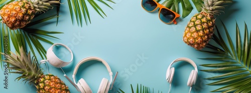 Tropical Summer Flat Lay With Pineapples, Palm Leaves, Headphones, and Sungla...