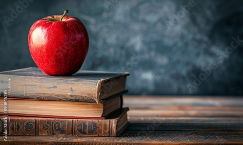 A Red Apple Rests Atop a Stack of Vintage Books Against a Blue Background