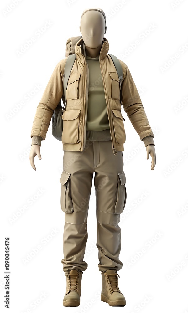 Fototapeta premium Full mannequin with henley, cargo pants, boots, jacket, and backpack