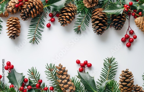 Winter Holiday Evergreen and Berry Arrangement on White Background