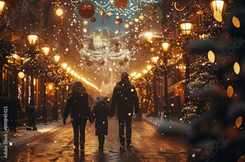 Family Walking Through Snowy European Christmas Market at Night