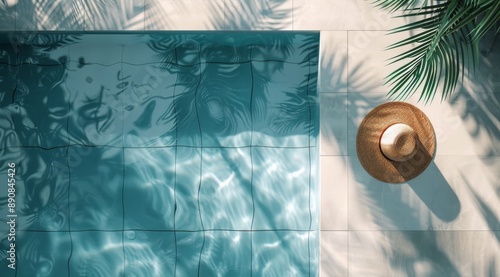 Overhead View of Tiled Swimming Pool With Palm Tree Shadows and Sun Hat