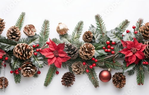 Festive Christmas Garland With Pine Cones, Holly, and Poinsettia on White Bac...