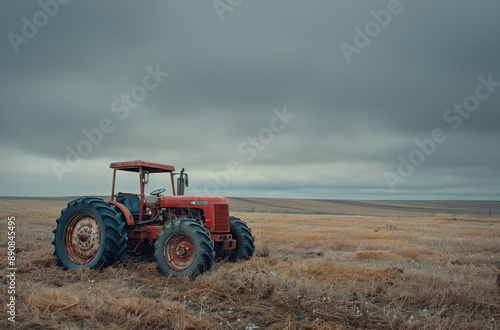 Red Tractor in a Field After Harvest