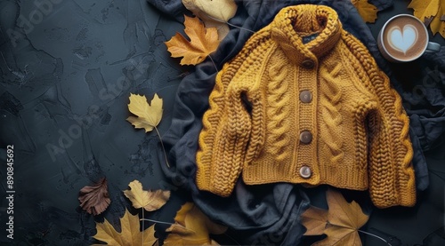 Warm Yellow Knit Sweater and Coffee on a Dark Blue Background