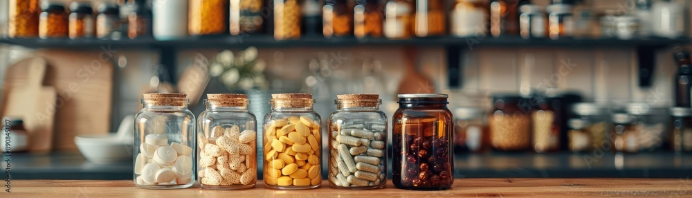 A row of glass jars filled with various supplements, neatly arranged on a wooden counter in a well-stocked kitchen, showcasing a diverse approach to health and wellness. A row of glass jars filled with various supplements, neatly arranged on a wooden counter in a well-stocked kitchen, showcasing a diverse approach to health and wellness.